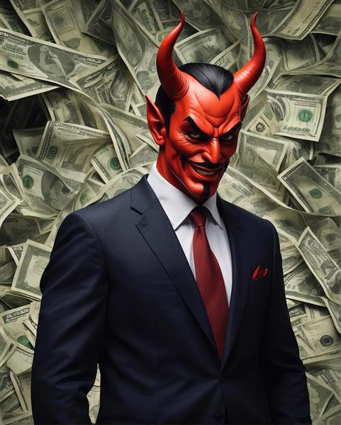 شیطان با کت و شلوار و کراوات قرمز، در پس‌زمینه دیوار ساخته شده از اسکناس دلار