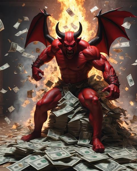طرح مفهومی شیطان قرمز در حال نشستن روی کوهی از دلار و آتش پس‌زمینه