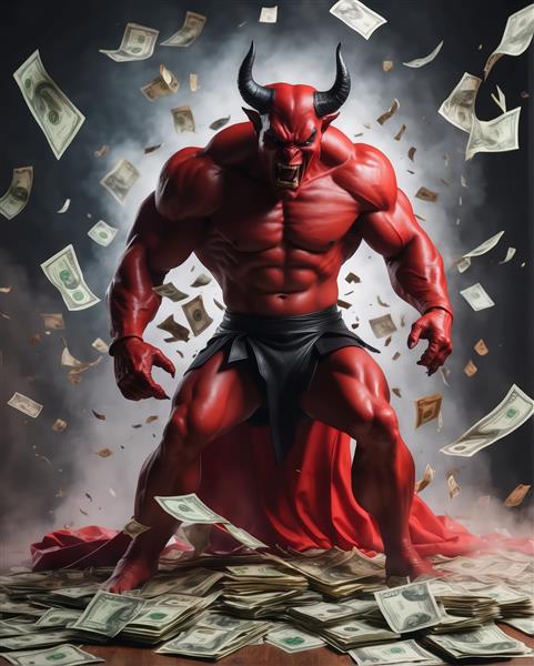 تصویر فانتزی شیطان قرمز خشمگین با شاخ و بال، غرق در پول‌های دلار در حال سقوط