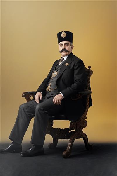 پرتره مرد قاجاری با لباس رسمی و کلاه مخصوص در قاب چوبی کلاسیک