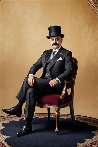 تصویر مرد کلاسیک با کت و شلوار و کلاه سیلندری، نشسته روی صندلی مخملی قرمز