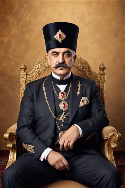 پرتره مرد اشرافی قاجاری با کلاه مخصوص و جواهرات یاقوت روی صندلی سلطنتی