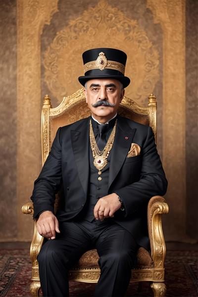 پرتره مرد اشرافی با کلاه سیلندری، لباس رسمی مشکی و زنجیر طلای سلطنتی