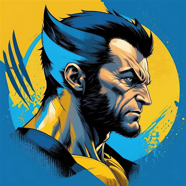 پرتره پروفایل ولورین (بدون ماسک) با استایل کمیک و پس‌زمینه کانتراست آبی و زرد