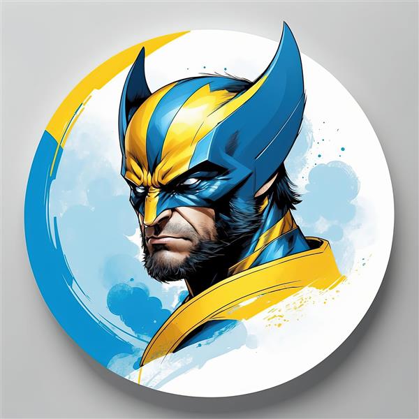 ولورین در قاب دایره‌ای با افکت لکه‌رنگ و رنگ‌های آبی و زرد روشن