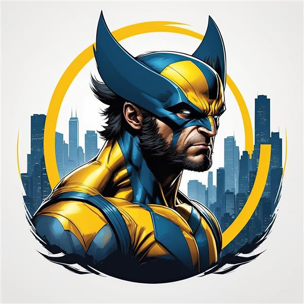 ولورین (بدون ماسک) با موهای تیز در مقابل شهر خاکستری داخل قاب زرد