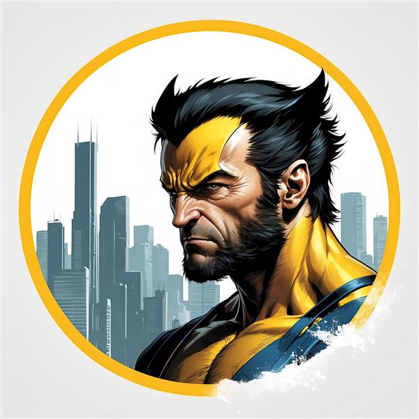 طرح نیم‌رخ ولورین با لباس براق در قاب دایره‌ای و شهر پس‌زمینه