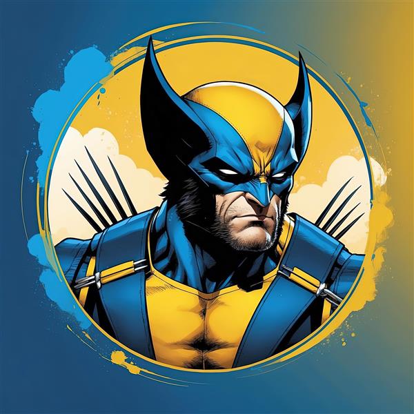 تصویر ولورین با پنجه‌ها و حالت خشمگین در کادر دایره‌ای آبی و زرد