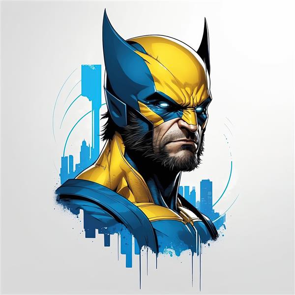 ولورین با ماسک و چشمان درخشان در پس‌زمینه سیلوی شهر و افکت قطره رنگ