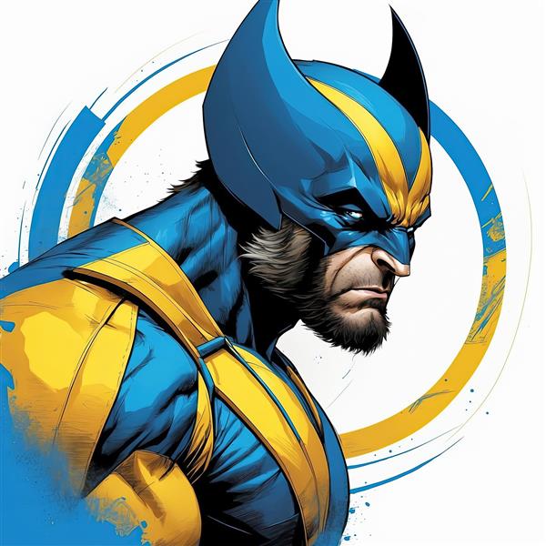 پرتره نیم‌رخ ولورین با لباس کلاسیک آبی و زرد و ریش در کادر دایره‌ای