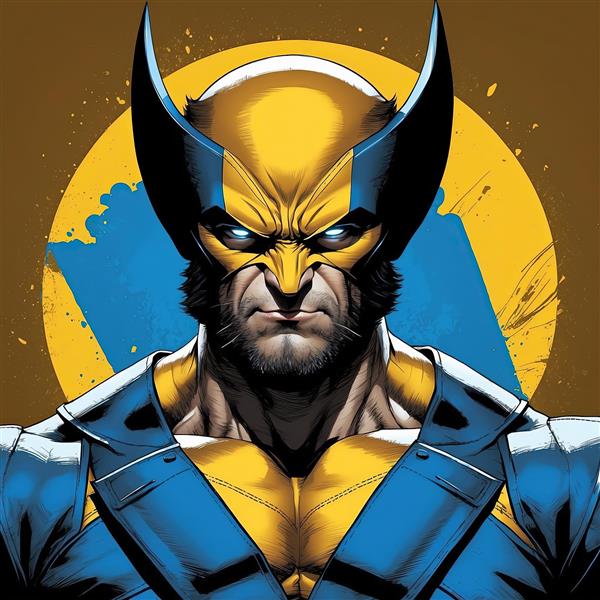 پرتره جدی ولورین با کادر مربعی و پس‌زمینه ترکیبی زرد و آبی تیره