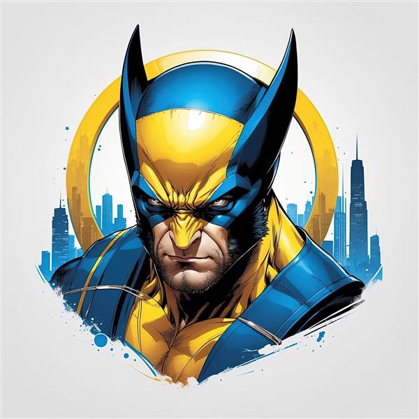 ولورین با ماسک و افکت‌های آبرنگی آبی در مقابل خط آسمان شهری برای چاپ دکوراتیو