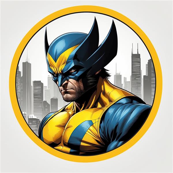 تصویر ولورین با عضلات برجسته در دایره زرد و آسمان‌خراش‌های سیاه و سفید