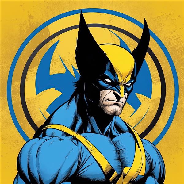 طرح نیم‌تنه ولورین در کادر زرد با لوگوی مرموز آبی در پس‌زمینه