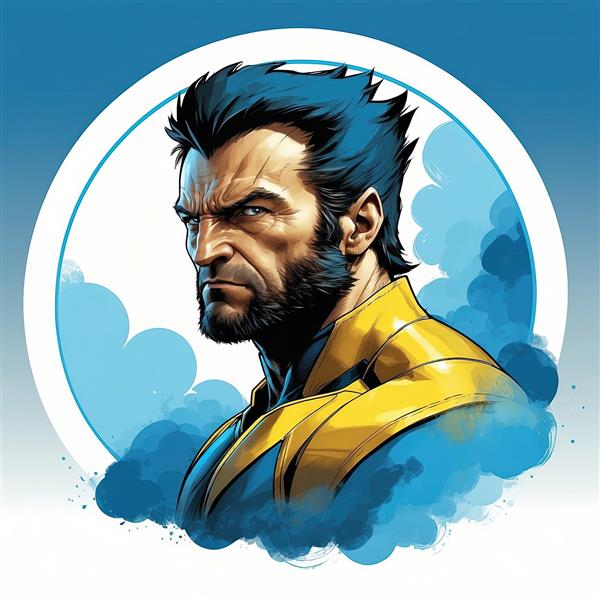 تصویر ولورین (بدون ماسک) با ریش و موهای تیز در قاب آبرنگی آبی و سفید