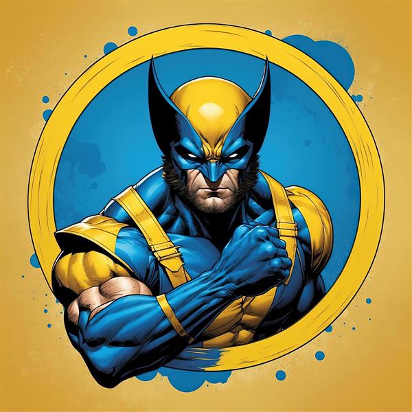 طرح ولورین با عضلات برجسته و مشت گره کرده در کادر آبی با پس‌زمینه زرد