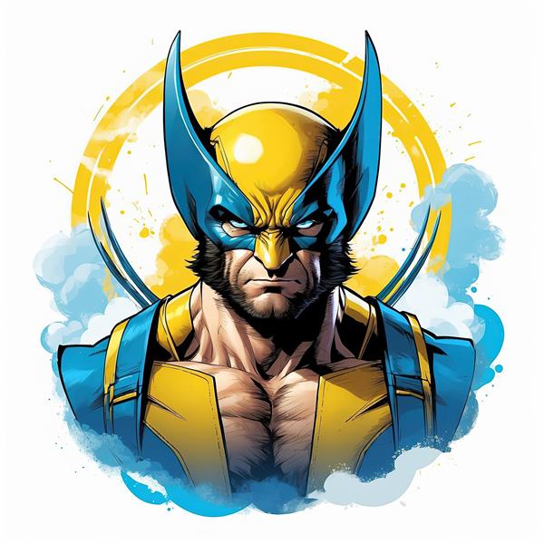 پرتره ولورین با ماسک کلاسیک و پنجه‌ها در طرحی با افکت دود و آبرنگ