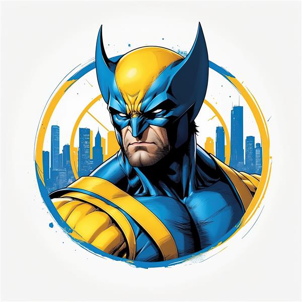 ولورین با لباس آبی و زرد کلاسیک در دایره‌ای مدرن و پس‌زمینه نمادین شهر