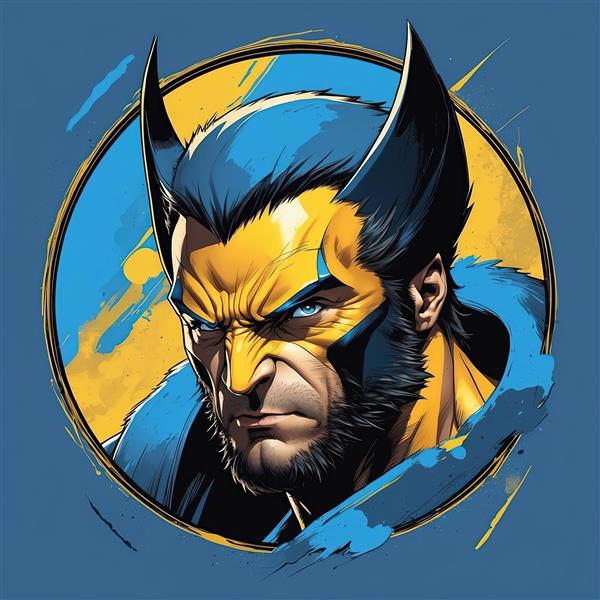 پرتره ولورین با چهره خشمگین و ترکیب رنگ‌های آبی و زرد آبرنگی تیره