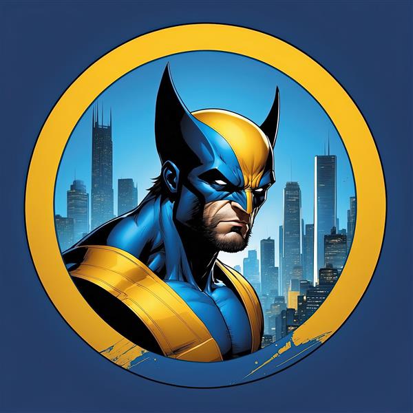 تصویر باکیفیت ولورین با لباس کلاسیک در دایره زرد و پس‌زمینه جزئیات شهری شب