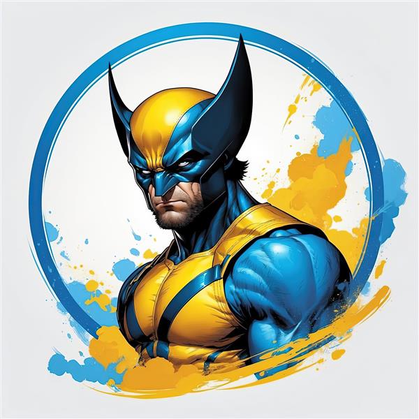 ولورین با افکت آبرنگ و پاشش رنگ در دایره آبی، مناسب چاپ تابلو شاسی