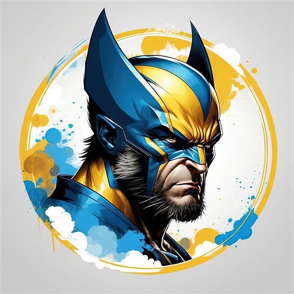 طراحی ولورین با ماسک و افکت‌های رنگ پاشیده زرد و آبی (اسپلش آرت)