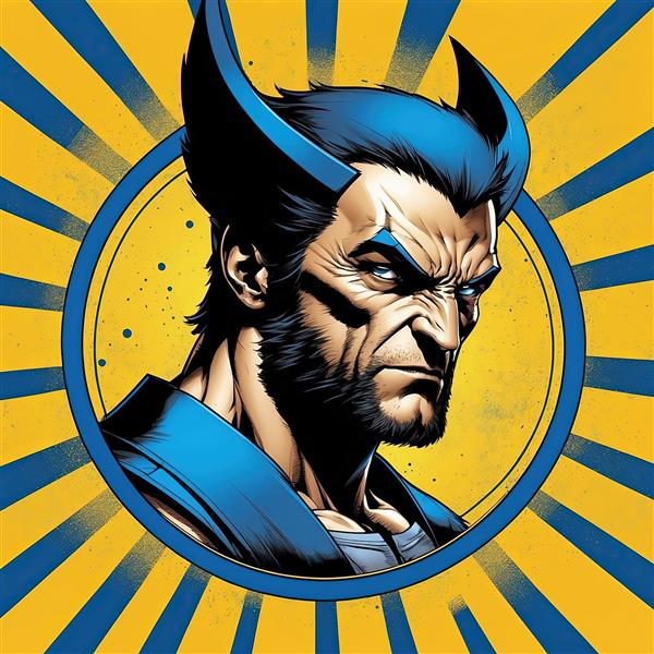 ولورین خشمگین در طرح دایره‌ای پاپ آرت با خطوط نور خورشید زرد و آبی