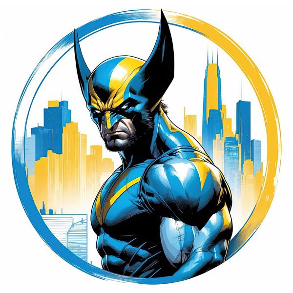 تصویر ولورین با عضلات برجسته در بک‌گراند شهری آبی و زرد کانتراست