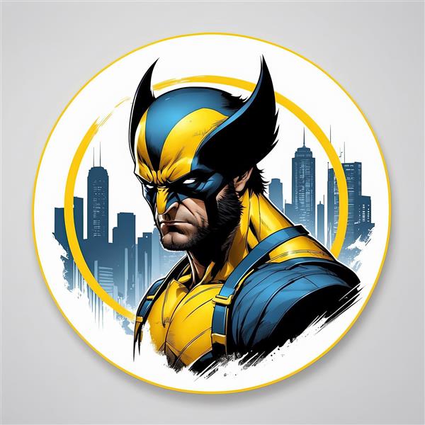 طرح دایره‌ای ولورین با لباس کلاسیک در پس‌زمینه سیلوی آبی شهر برای تابلو دکوراتیو