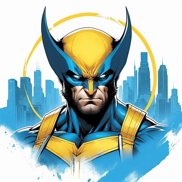 پوستر ولورین در مقابل آسمان‌خراش‌های شهری با افکت آبرنگی آبی و زرد