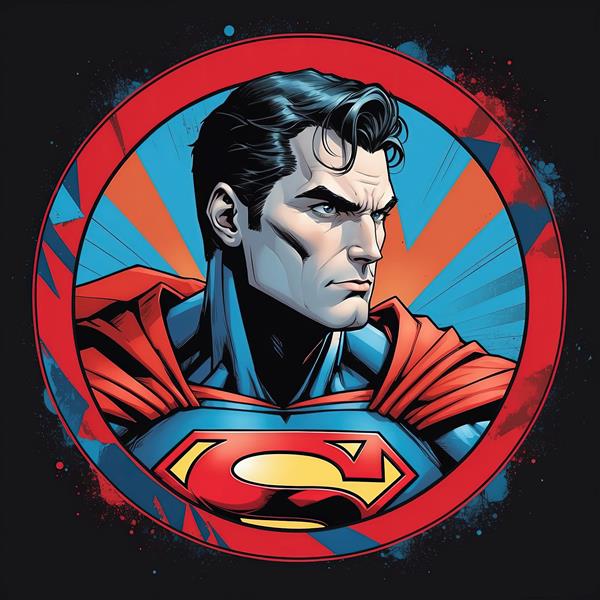 نقاشی کمیک بوکی سوپرمن از نمای نیم رخ با پس زمینه اشعه ای آبی برای تابلو