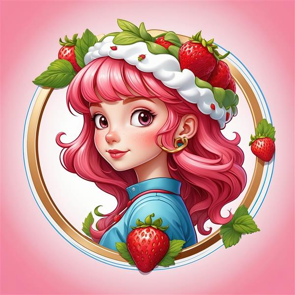 طرح فانتزی دختر توت فرنگی با تاج گل و میوه و حاشیه طلایی مناسب کاغذ دیواری