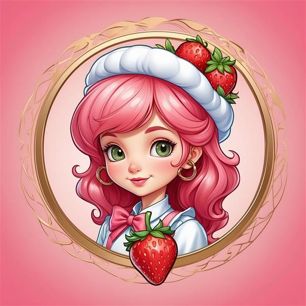 پوستر کارتونی دختر توت فرنگی با کلاه قنادی و پاپیون صورتی مناسب تزیین آشپزخانه