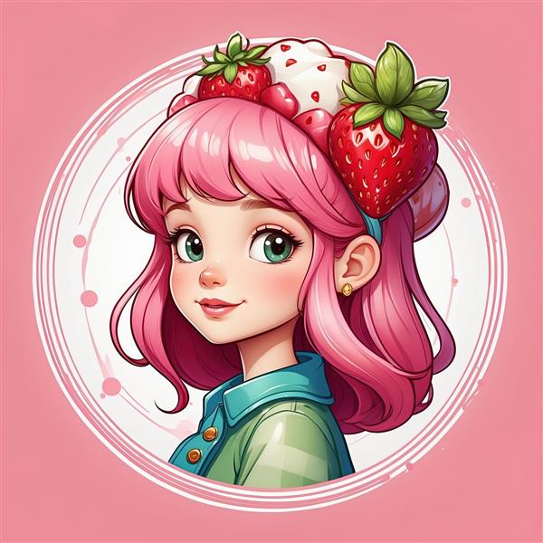 تصویر هنری دختر توت فرنگی با موهای صورتی و لباس سبز برای چاپ روی ماگ و لیوان