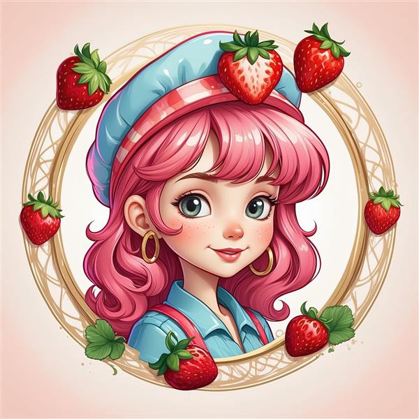 عکس پروفایل دختر توت فرنگی با کلاه آبی و قاب طلایی مناسب دکوراسیون اتاق کودک