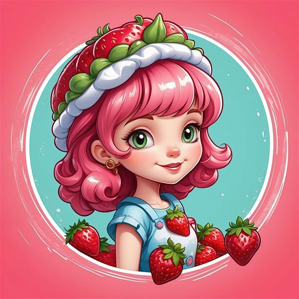 تصویر با کیفیت دختر توت فرنگی با کلاه بزرگ توت فرنگی برای چاپ استیکر و پوستر