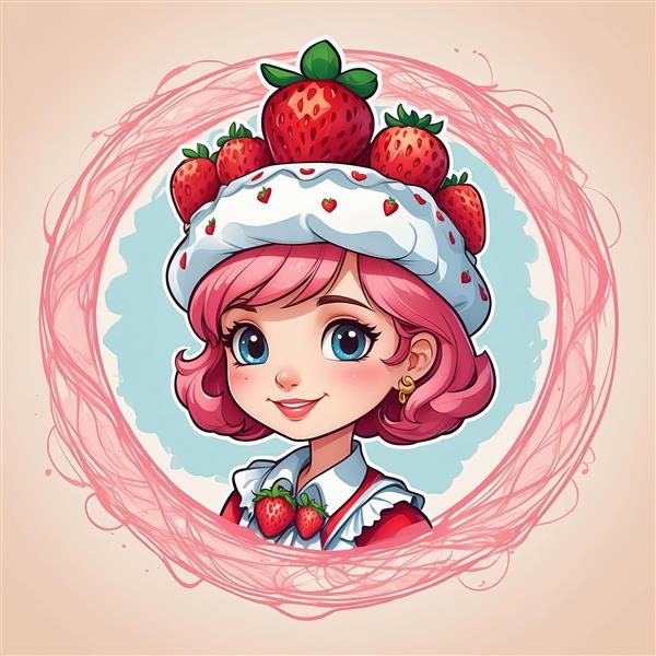 پوستر فانتزی دختر توت فرنگی با کلاه آشپزی و حاشیه خطی صورتی برای استیکر دیواری