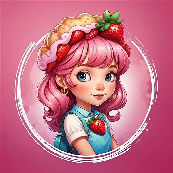 تصویرسازی هنری دختر توت فرنگی با کلاه تارت میوه ای مناسب چاپ روی کوسن و ماگ