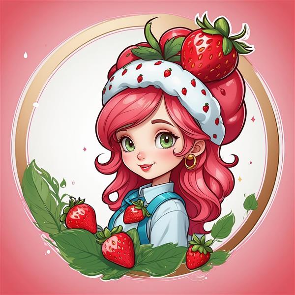 طرح گرافیکی دختر توت فرنگی با تزئینات برگ و میوه مناسب دکوراسیون مهدکودک