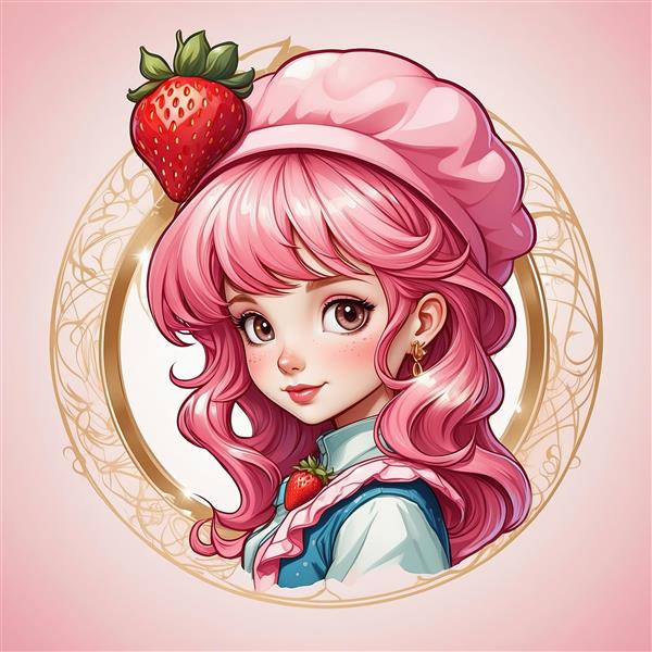 عکس با کیفیت دختر توت فرنگی با موهای صورتی و قاب طلایی مناسب تابلو اتاق دخترانه