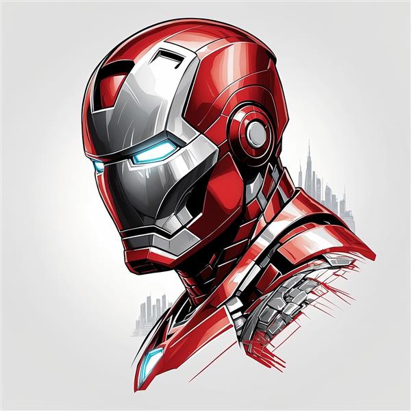 نقاشی دیجیتال نیم رخ آیرون من با کلاه خود قرمز و نقره ای و خطوط اسکیس مدرن