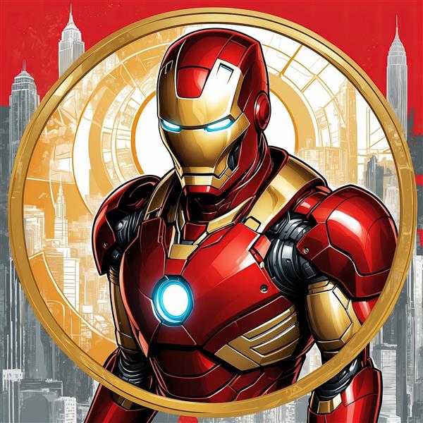 تصویرسازی حماسی مرد آهنی با پس زمینه طلایی و معماری کلاسیک مناسب تابلو لوکس