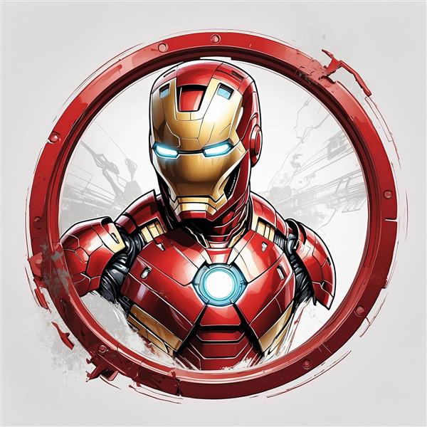 طرح گرافیکی مرد آهنی در قاب دایره ای قرمز با افکت گرانج مناسب چاپ روی تیشرت