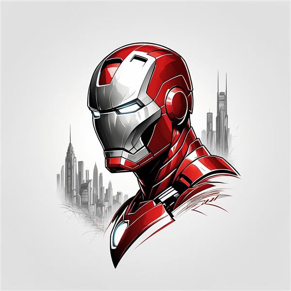 نقاشی دیجیتال و اسکیس مرد آهنی با تم سفید و قرمز مناسب تابلو هنری مینیمال