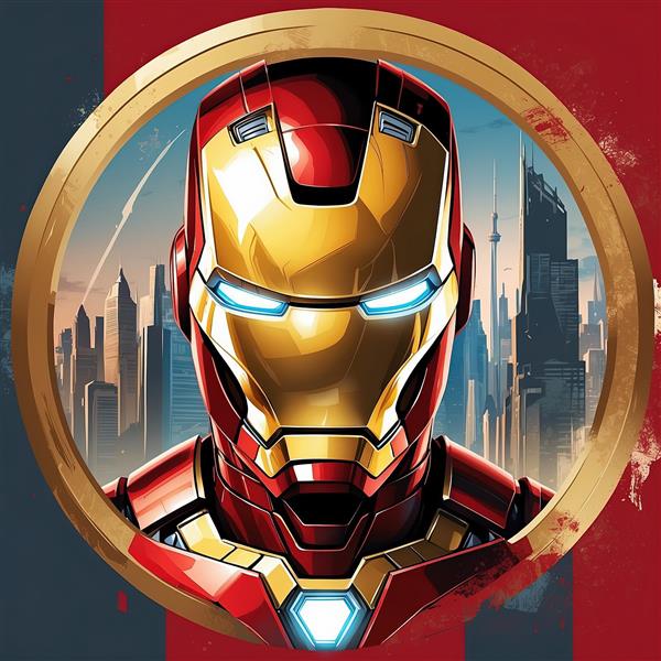 عکس با کیفیت چهره مرد آهنی در قاب طلایی با پس زمینه شهر برای تابلو اتاق پسرانه