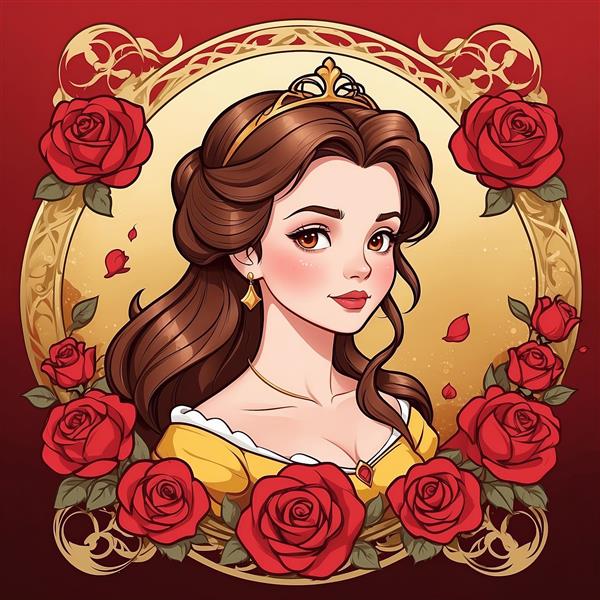 طرح با کیفیت دیو و دلبر با حاشیه گل های رز فراوان و قاب اسلیمی برای چاپ تابلو