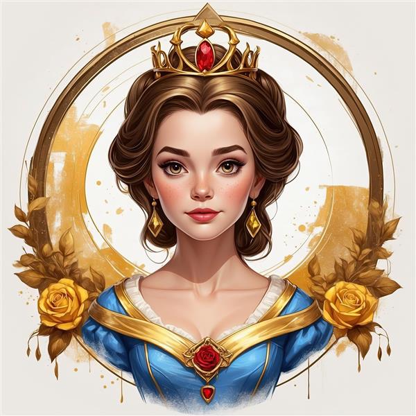 پوستر دکوراتیو پرنسس بل با لباس آبی و تاج طلایی نقاشی دیجیتال برای چاپ روی شاسی