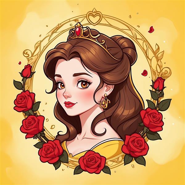 عکس با کیفیت پرنسس بل دیزنی در قاب گل رز قرمز مناسب تابلو اتاق دخترانه