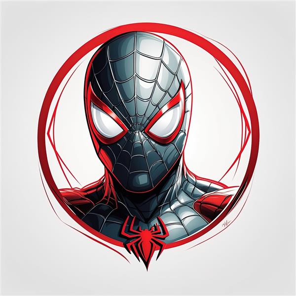 تصویر مایلز مورالس با لباس سیاه و قرمز داخل دایره‌ای هنری