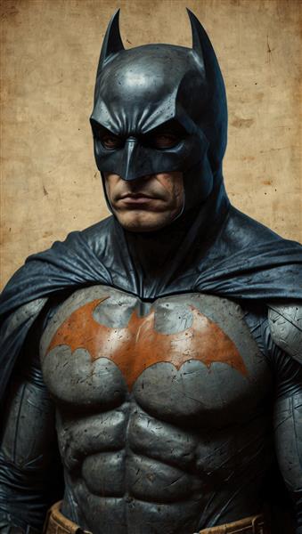 پرتره بتمن با نشان نارنجی خفاش روی سینه طرح نیم‌تنه با کیفیت عالی و تم قدیمی